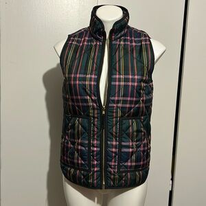 J. Crew tartan green navy pink plaid quilted zip front vest